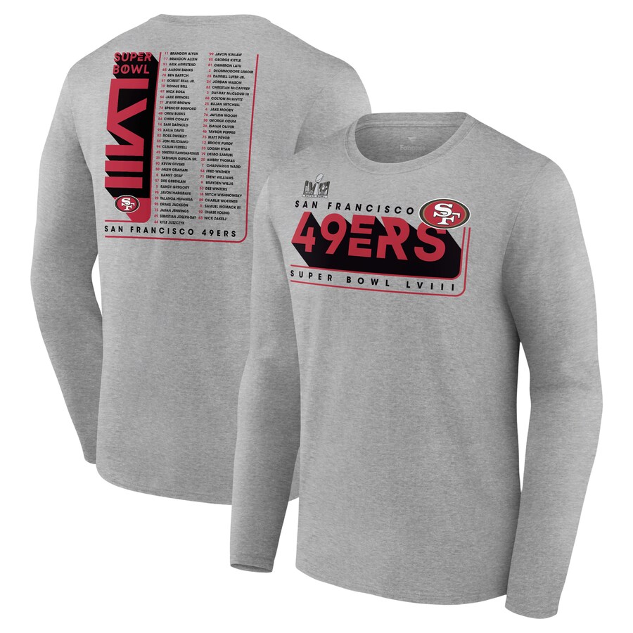 Men's San Francisco 49ers Fanatics Heather Charcoal Super Bowl LVIII Roster Long Sleeve T-Shirt - Jersey