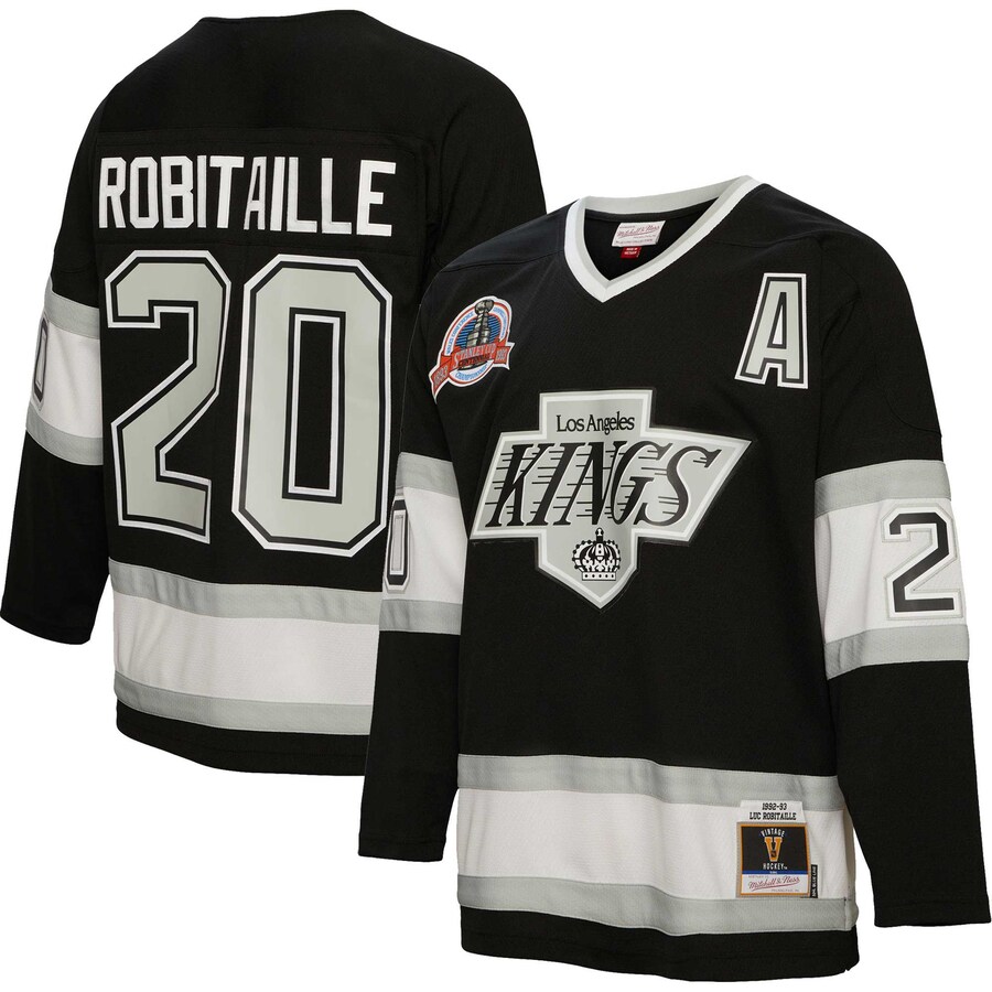 Men's Los Angeles Kings Luc Robitaille Mitchell & Ness Black 1992/93 Alternate Captain Patch Blue Line Player Jersey - Jersey