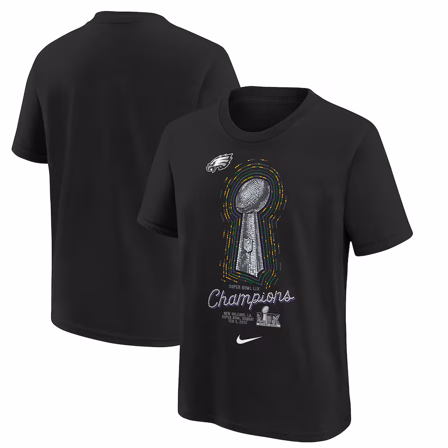 Youth Philadelphia Eagles  Nike Black Super Bowl LIX Champions Lombardi Trophy T-Shirt - Jersey