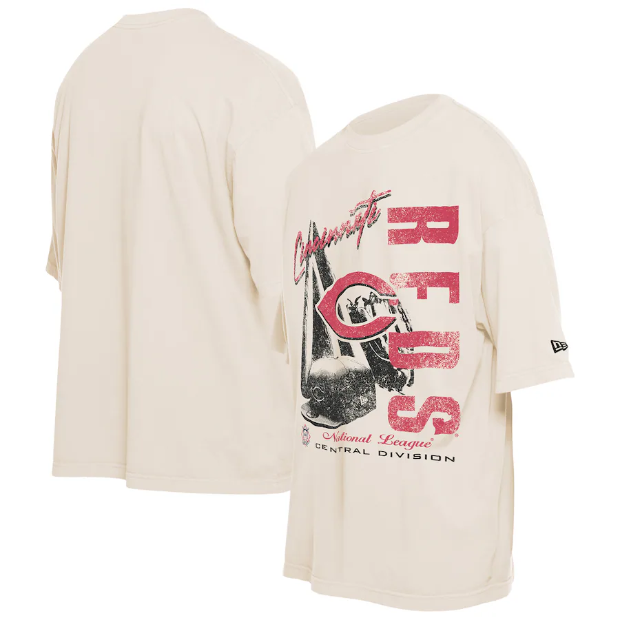 Men's Cincinnati Reds New Era Cream Cooperstown Collection Oversized Throwback Distressed T-Shirt - Jersey