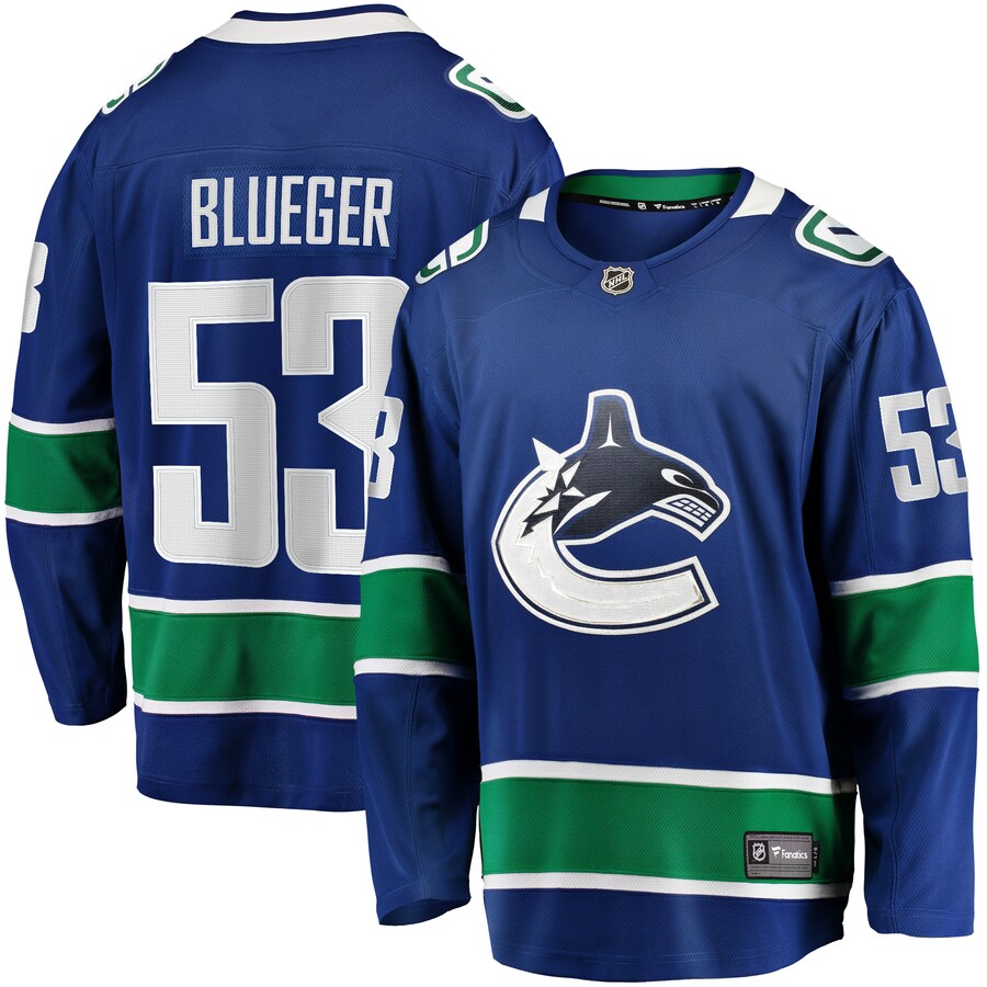 Men's Vancouver Canucks Teddy Blueger Fanatics Branded Blue Home Breakaway Jersey - Jersey