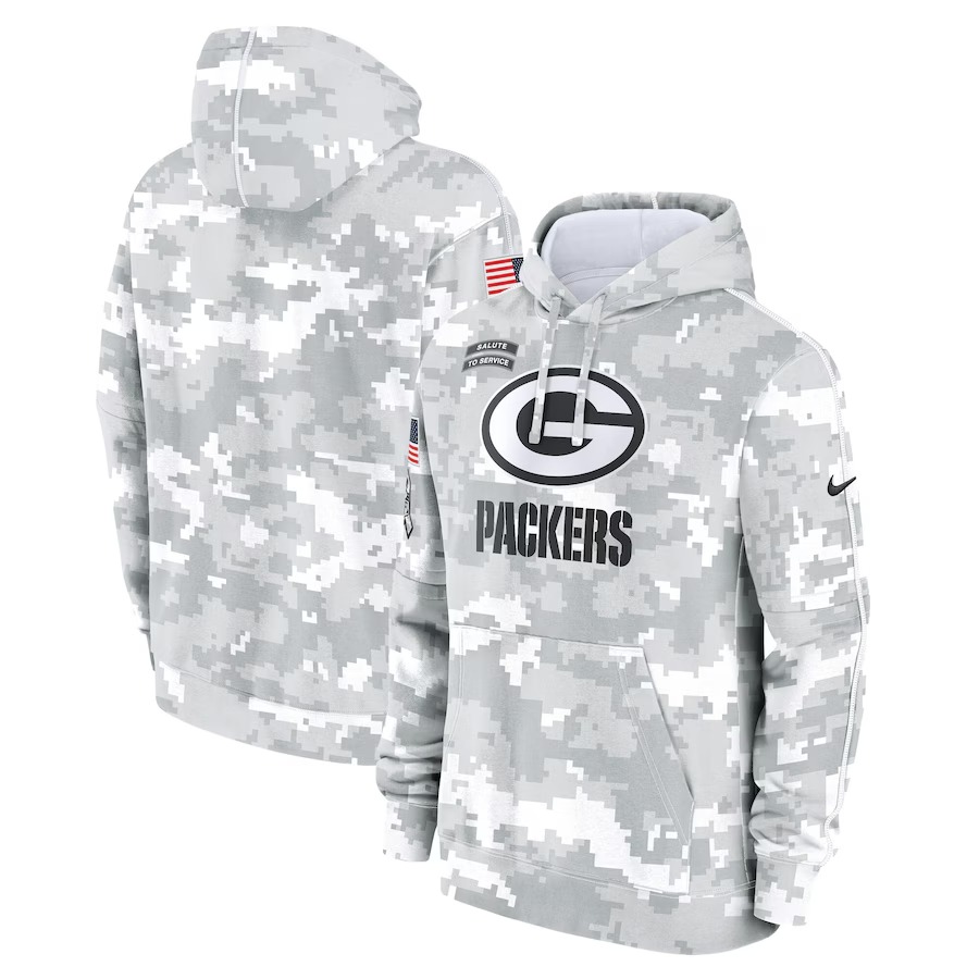 Men's Green Bay Packers Nike Arctic Camo 2024 Salute to Service Club Fleece Pullover Hoodie - Jersey