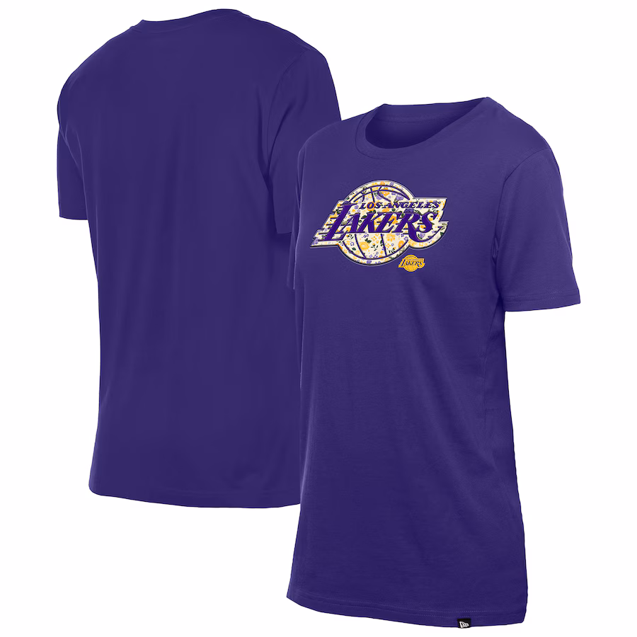 Women's Los Angeles Lakers New Era Purple Glam Game Flower T-Shirt - Jersey