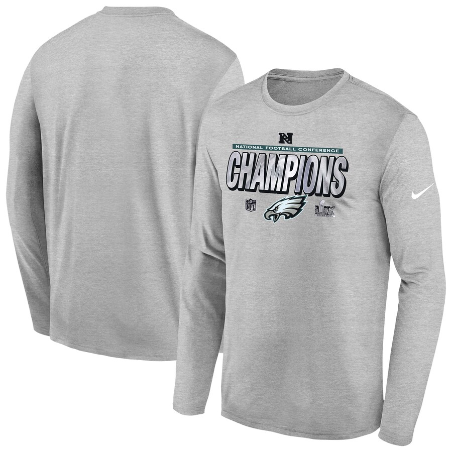 Youth Philadelphia Eagles Nike Heather Gray 2024 NFC Champions Locker Room Trophy Collection Long Sleeve T-Shirt - Jersey