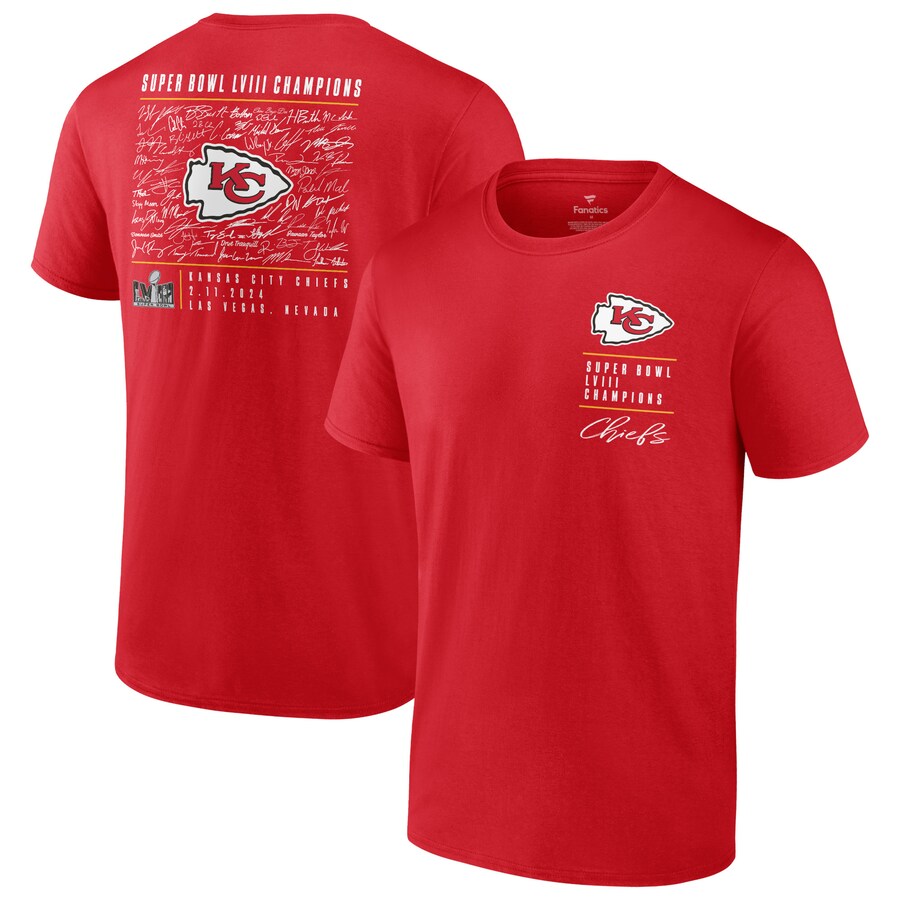 Men's Kansas City Chiefs Fanatics Red Super Bowl LVIII Champions Roster Autograph Signing T-Shirt - Jersey