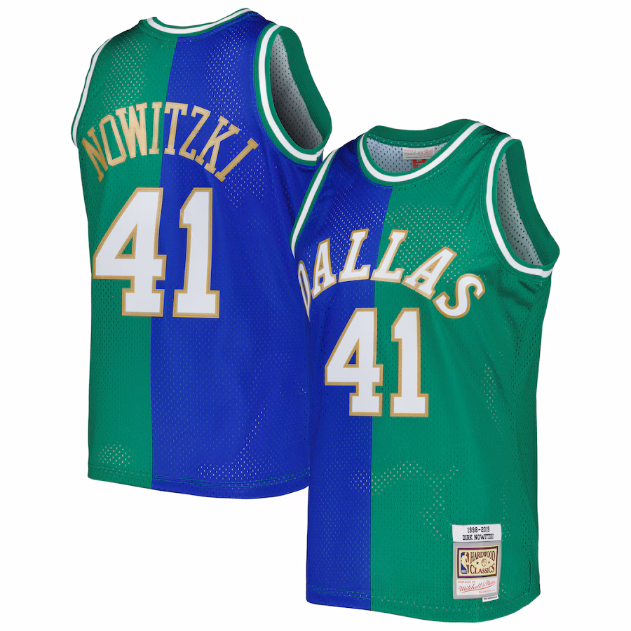 Men's Dallas Mavericks Dirk Nowitzki Mitchell & Ness Blue/Green Hardwood Classics 1998/2019 Split Swingman Jersey - Jersey