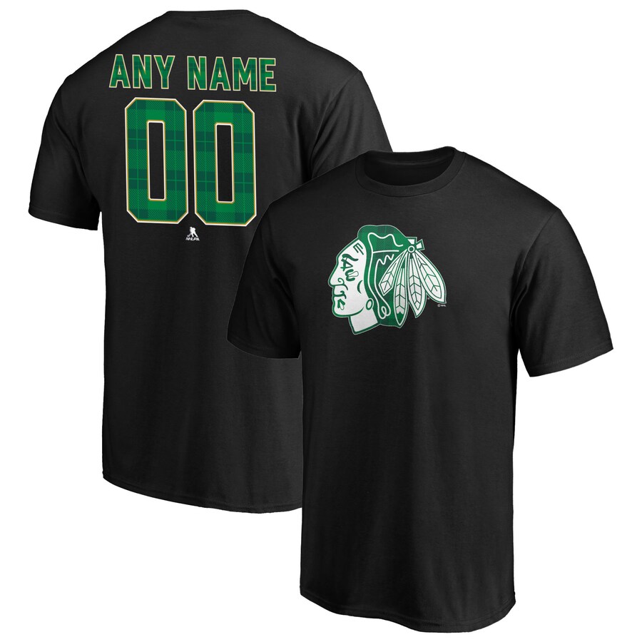 Men's Chicago Blackhawks Black Emerald Plaid Personalized Name & Number T-Shirt - Jersey