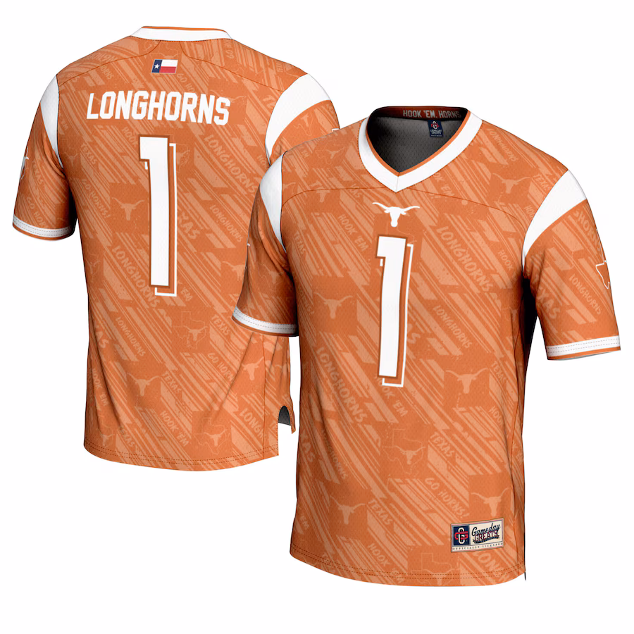 Men's GameDay Greats #1 Texas Orange Texas Longhorns Highlight Print Football Fashion Jersey - Jersey