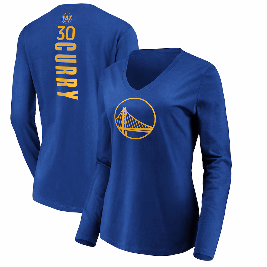 Women's Golden State Warriors Stephen Curry Royal Playmaker Name & Number Long Sleeve V-Neck T-Shirt - Jersey
