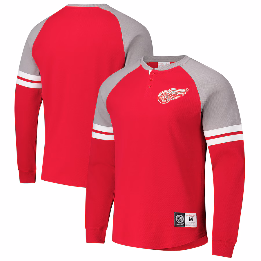Men's Detroit Red Wings Mitchell & Ness Red Thermal Henley Long Sleeve T-Shirt - Jersey