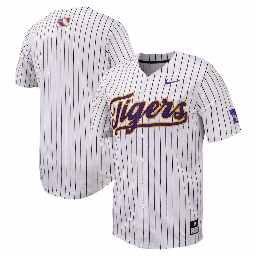 LSU Tigers Nike Pinstripe Replica Full-Button Baseball Jersey - White/Purple - Jersey