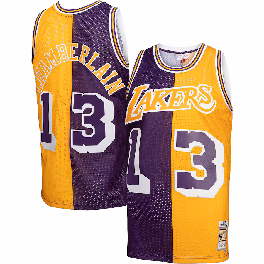Men's Los Angeles Lakers Wilt Chamberlain Mitchell & Ness Purple/Gold Hardwood Classics 1971/72 Split Swingman Jersey - Jersey