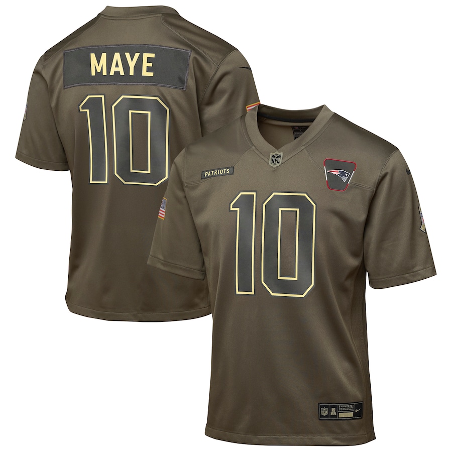 Youth New England Patriots Drake Maye Nike Olive 2025 Salute to Service Game Jersey - Jersey