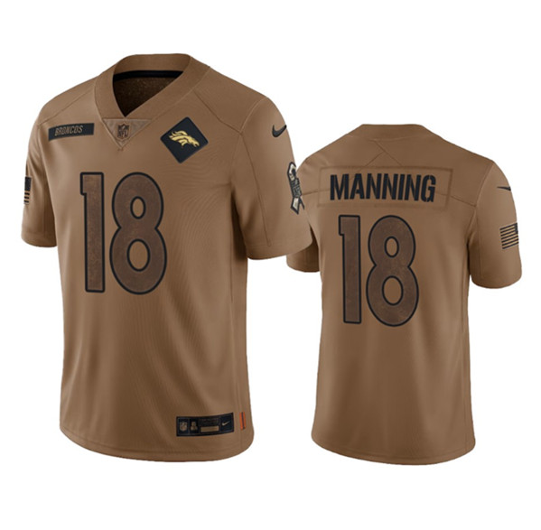 Men's Denver Broncos #18 Peyton Manning 2023 Brown Salute To Service Limited Football Stitched Jersey - Jersey