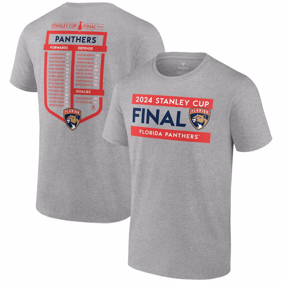 Men's Florida Panthers Fanatics Steel 2024 Stanley Cup Final Roster T-Shirt - Jersey