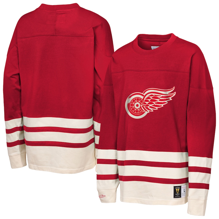 Youth Detroit Red Wings Mitchell & Ness Red Chainstitch Heavyweight Long Sleeve Top - Jersey
