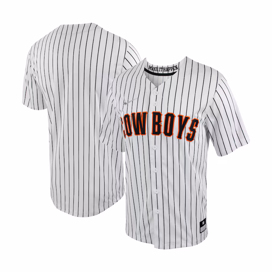 Men's Nike White/Black Oklahoma State Cowboys Pinstripe Replica Full-Button Baseball Jersey - Jersey