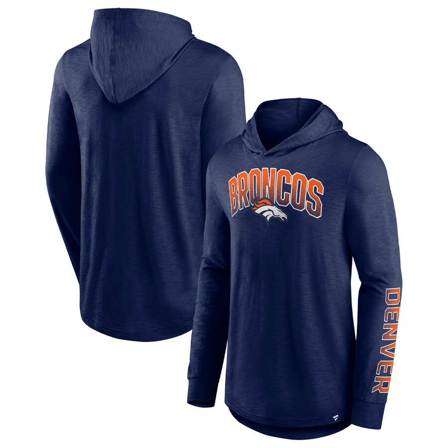 Men's Denver Broncos Fanatics Navy Front Runner Long Sleeve Hooded T-Shirt - Jersey