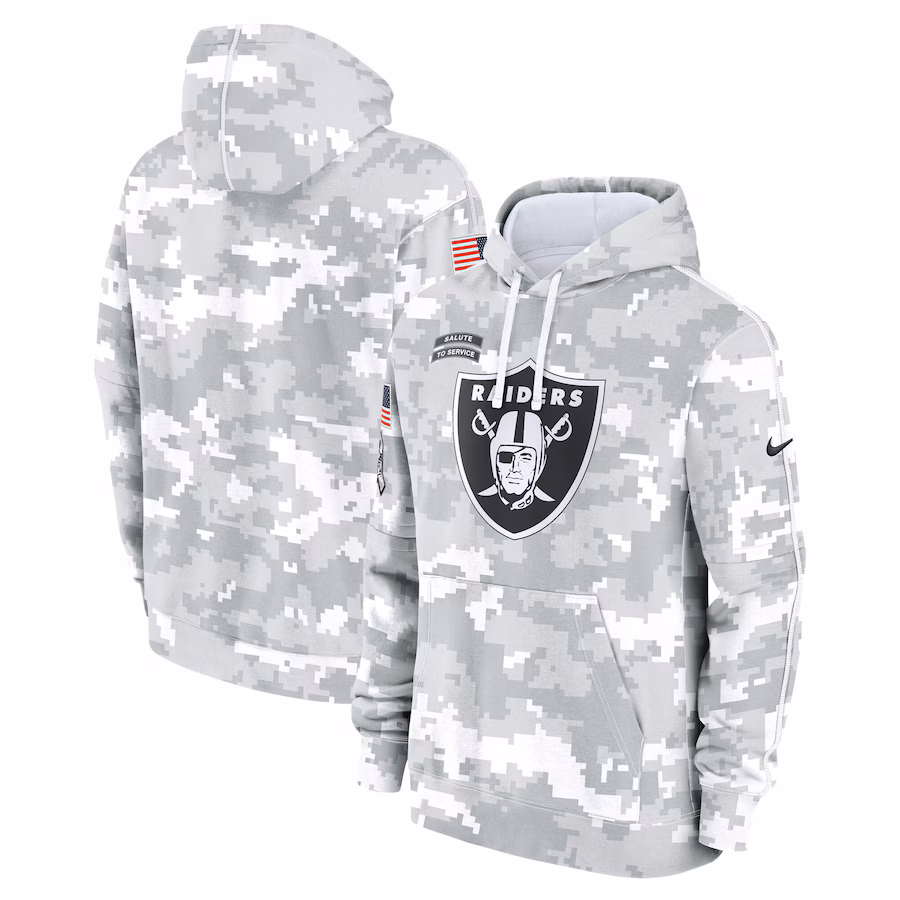Men's Las Vegas Raiders Nike Arctic Camo 2024 Salute to Service Club Fleece Pullover Hoodie - Jersey