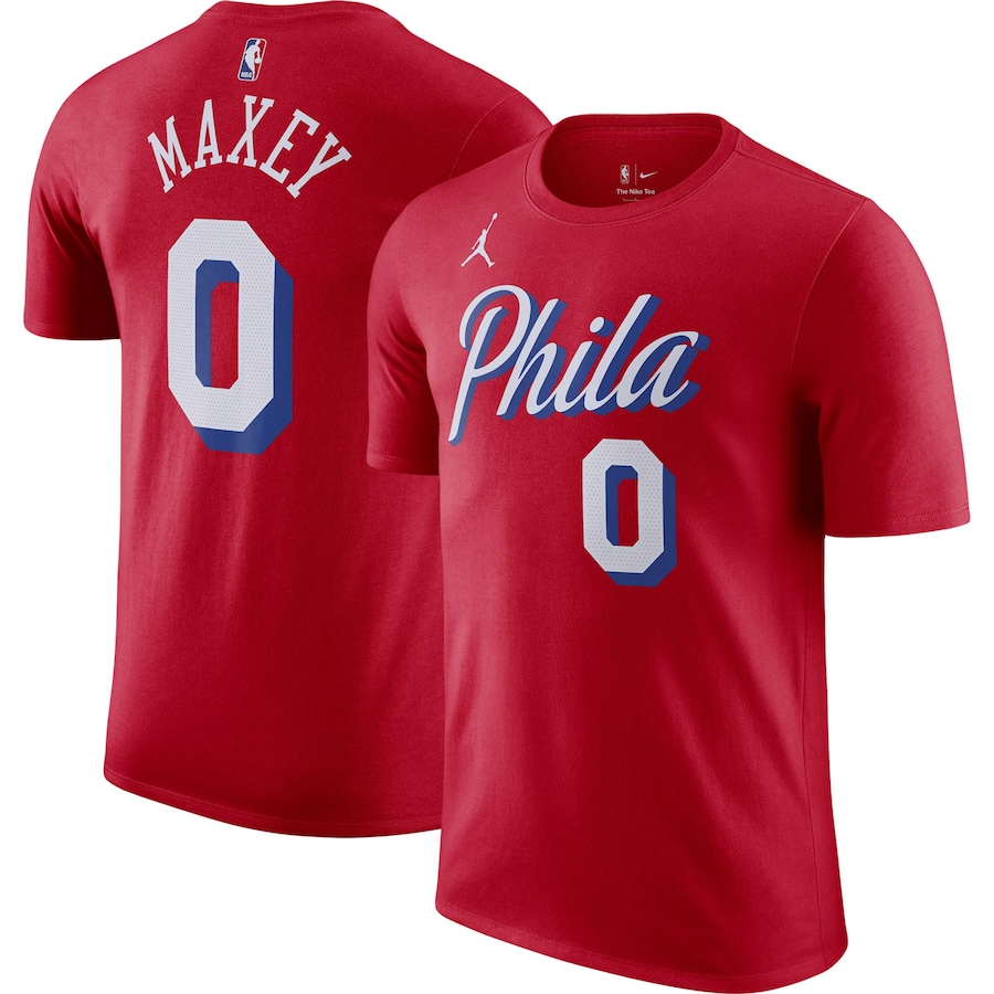 Men's Philadelphia 76ers Tyrese Maxey Jordan Brand Red 2022/23 Statement Edition Name & Number T-Shirt - Jersey