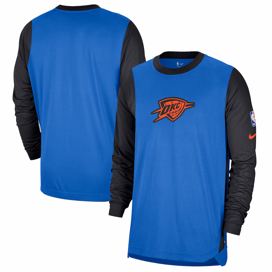 Men's Oklahoma City Thunder Nike Blue/Black 2024/25 City Edition Authentic Pregame Performance Long Sleeve Shooting T-Shirt - Jersey