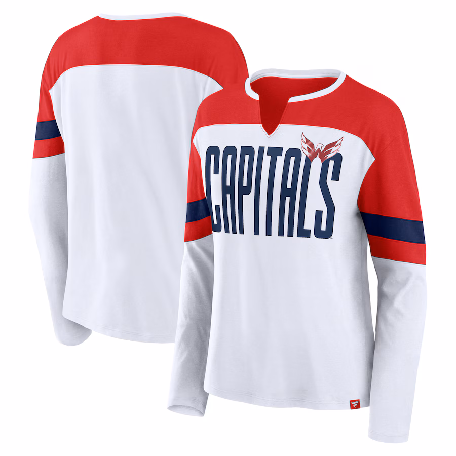 Women's Washington Capitals Fanatics White/Red Frozen Long Sleeve Notch Neck T-Shirt - Jersey
