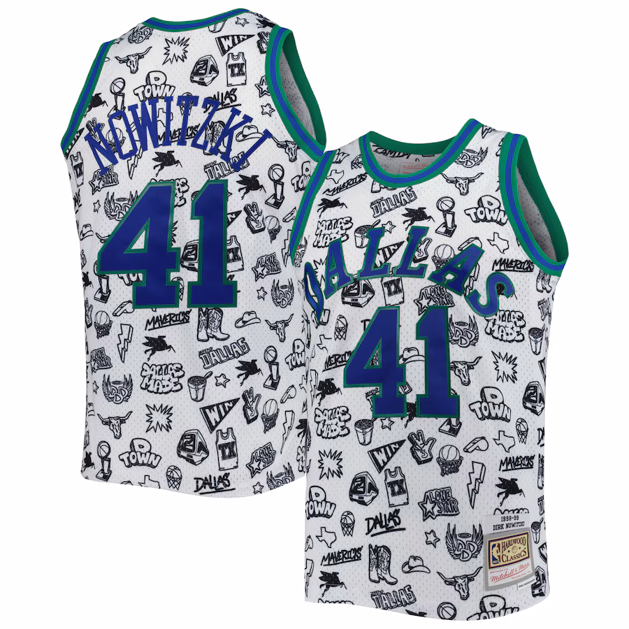 Men's Dallas Mavericks Dirk Nowitzki Mitchell & Ness White 1998/99 Hardwood Classics Doodle Swingman Jersey - Jersey