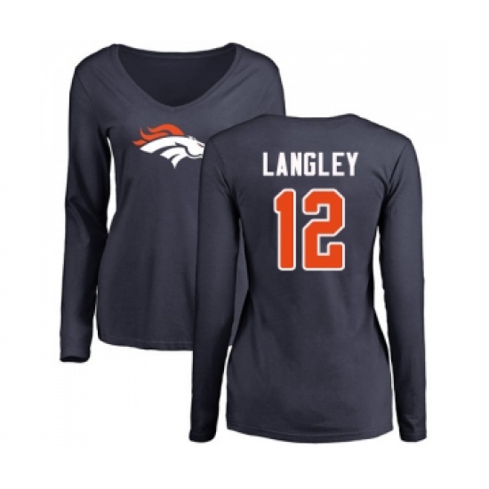 Football Women's Denver Broncos #12 Brendan Langley Navy Blue Name & Number Logo Long Sleeve T-Shirt - Jersey