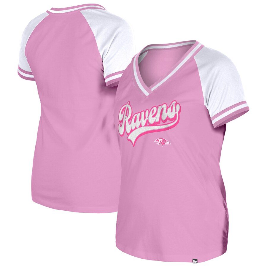 Women's Baltimore Ravens New Era Pink Color Multiplier V-Neck T-Shirt - Jersey
