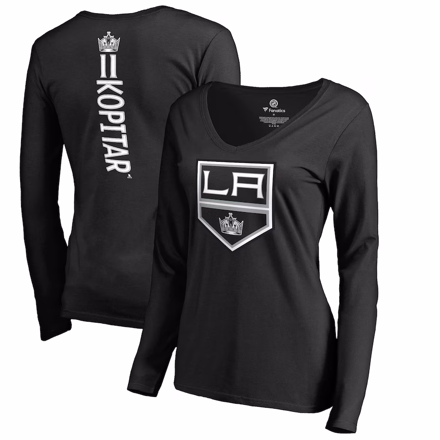 Women's Los Angeles Kings Anze Kopitar Black Backer Name & Number Slim Fit Long Sleeve V-Neck T-Shirt - Jersey