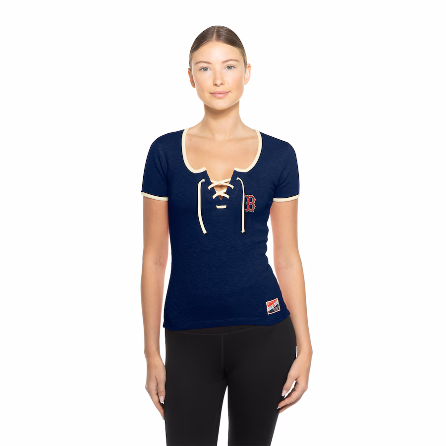 Women's Boston Red Sox New Era Navy Throwback Lace Up T-Shirt - Jersey