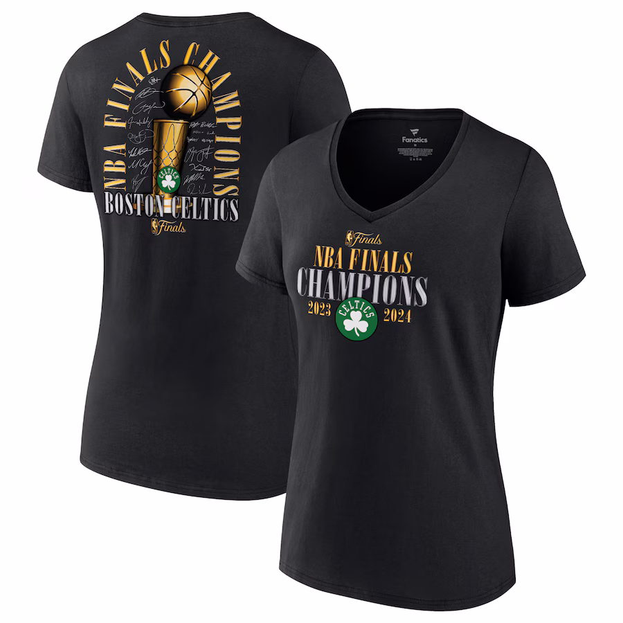 Women's Boston Celtics Fanatics Black 2024 NBA Finals Champions Fade Away Jumper Roster Signature V-Neck T-Shirt - Jersey
