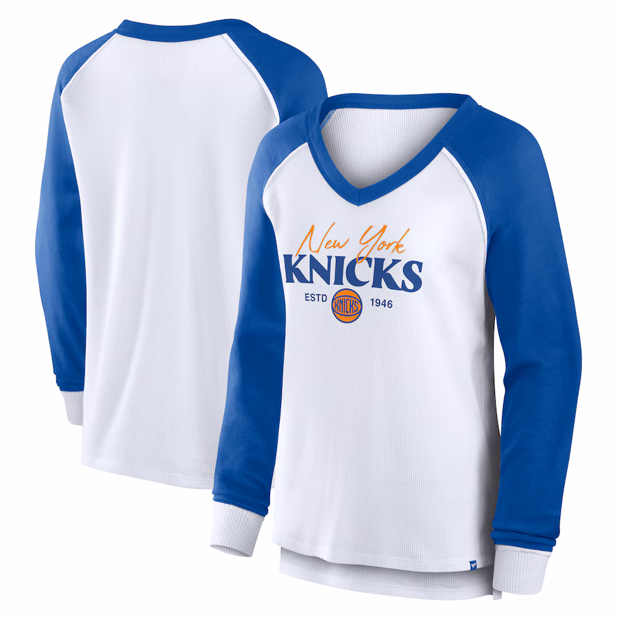 Women's New York Knicks Fanatics White Open Lane Waffle Long Sleeve V-Neck T-Shirt - Jersey