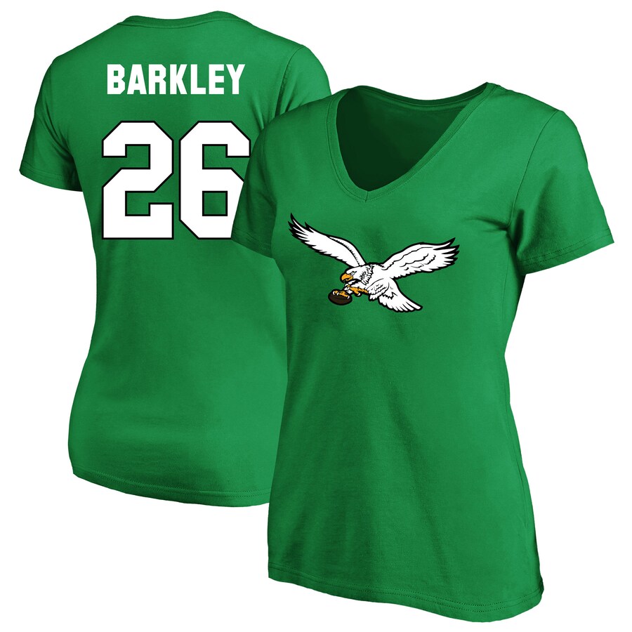 Women's Philadelphia Eagles Saquon Barkley Kelly Green Plus Size Fair Catch Name & Number Scoop Neck T-Shirt - Jersey