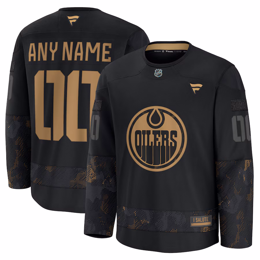 Men's Edmonton Oilers Fanatics Black 2024 Military Appreciation Personalized Long Sleeve Practice Jersey - Jersey