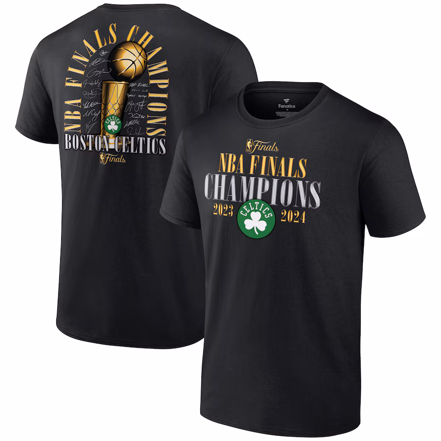 Men's Boston Celtics Fanatics Black 2024 NBA Finals Champions Fade Away Jumper Roster Signature T-Shirt - Jersey