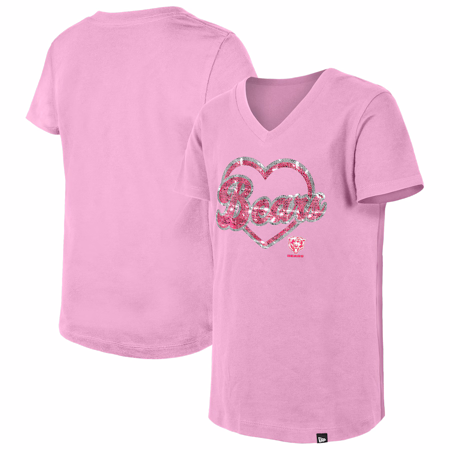Girls Youth Chicago Bears New Era Pink Flip Sequins V-Neck T-Shirt - Jersey