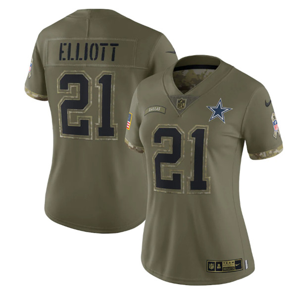 Women's Dallas Cowboys #21 Ezekiel Elliott 2022 Olive Salute To Service Limited Stitched Jersey(Run Small) - Jersey