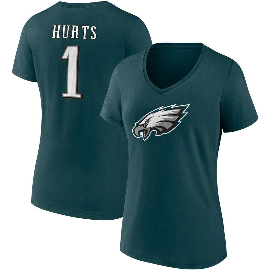 Women's Philadelphia Eagles Jalen Hurts Fanatics Midnight Green Player Icon Name & Number V-Neck T-Shirt - Jersey