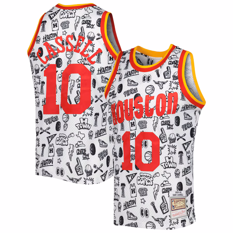 Men's Houston Rockets Sam Cassell Mitchell & Ness White 1993/94 Hardwood Classics Doodle Swingman Jersey - Jersey