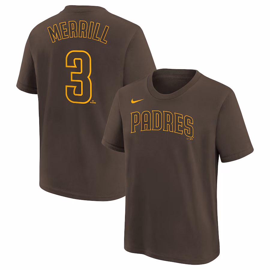 Youth San Diego Padres Jackson Merrill Nike Brown Player Name & Number T-Shirt - Jersey