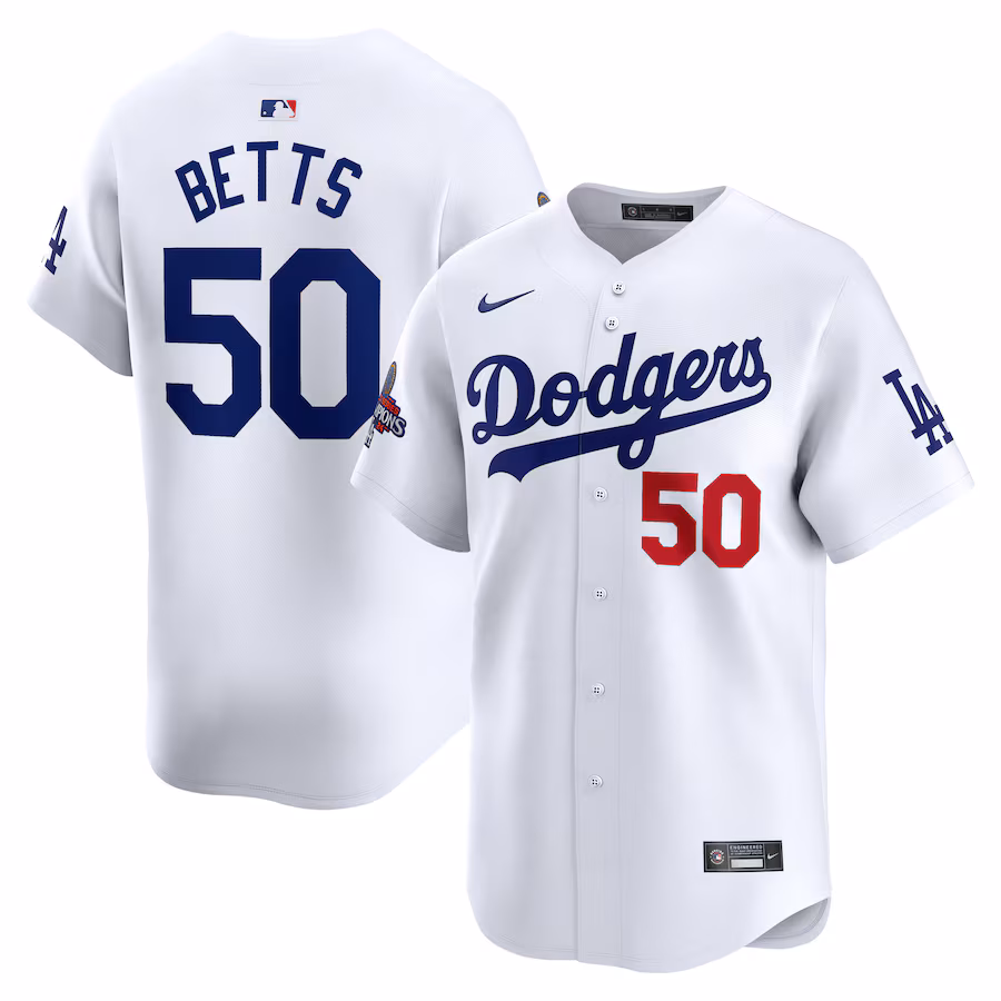 Men's Los Angeles Dodgers Mookie Betts Nike White 2024 World Series Champions Home Limited Player Jersey - Jersey