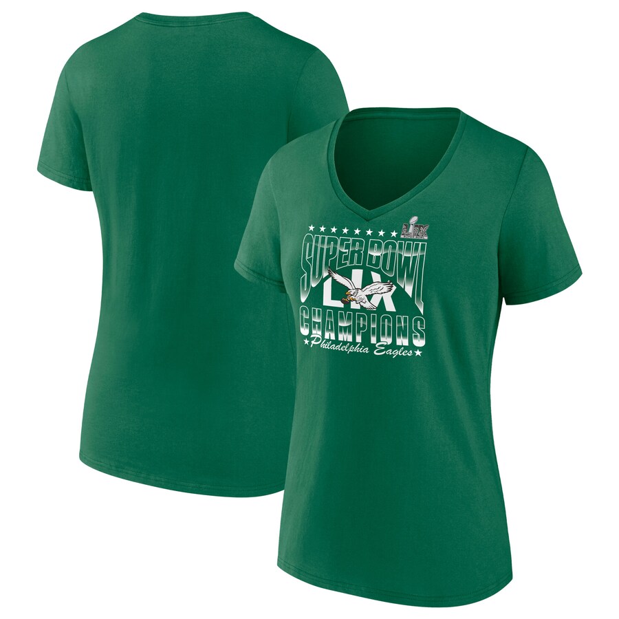 Women's Philadelphia Eagles  Fanatics Kelly Green Super Bowl LIX Champions Retro Logo V-Neck T-Shirt - Jersey