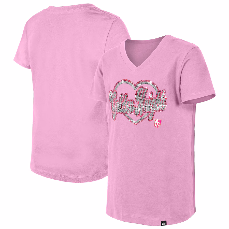 Girl's Youth Vegas Golden Knights New Era Pink Flip Sequin V-Neck T-Shirt - Jersey