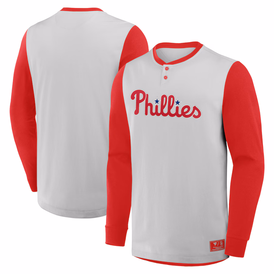 Men's Philadelphia Phillies Fanatics Gray/Red Clubhouse Long Sleeve Henley Shirt - Jersey