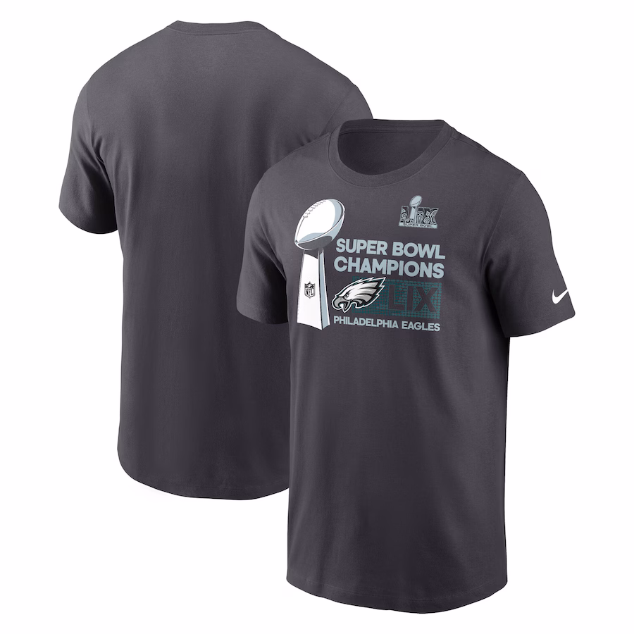 Men's Philadelphia Eagles Nike Anthracite Super Bowl LIX Champions Tall Locker Room Trophy Collection T-Shirt - Jersey