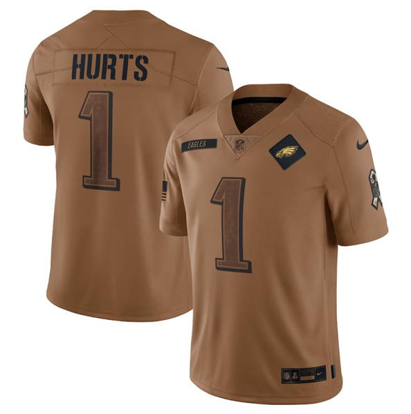 Men's Philadelphia Eagles #1 Jalen Hurts 2023 Brown Salute To Service Limited Football Stitched Jersey - Jersey