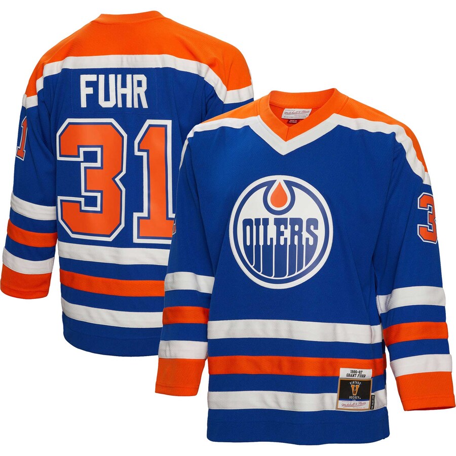 Men's Edmonton Oilers Grant Fuhr Mitchell & Ness Royal 1986/87  Blue Line Player Jersey - Jersey