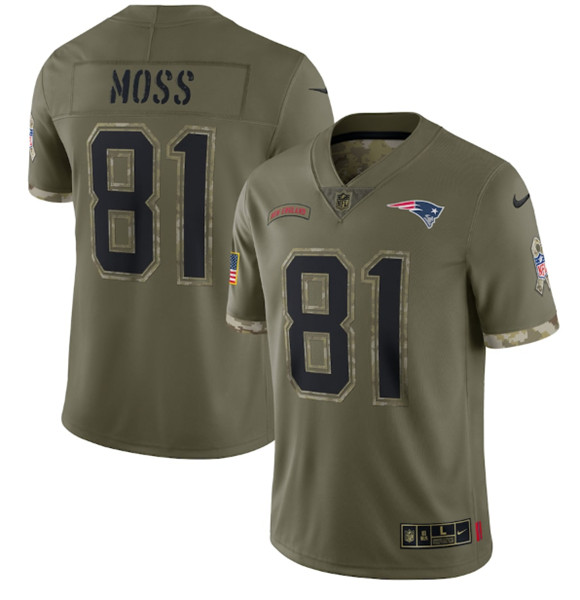 Men's New England Patriots #81 Randy Moss 2022 Olive Salute To Service Limited Stitched Jersey - Jersey