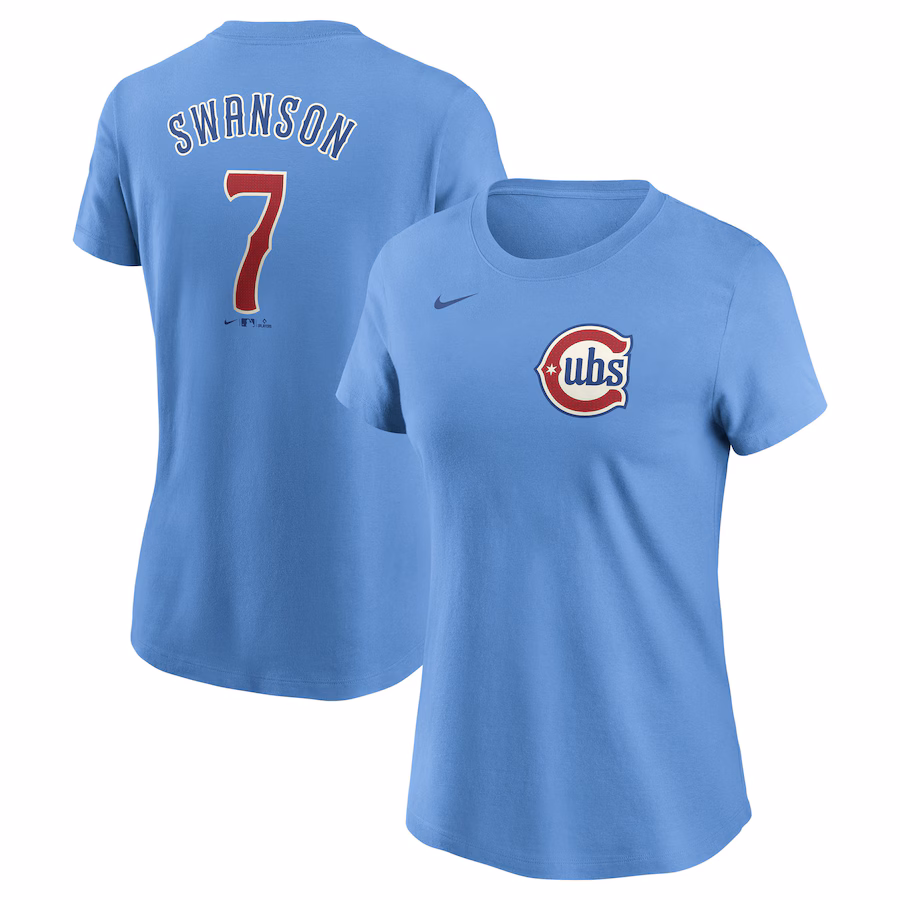 Women's Chicago Cubs Dansby Swanson Nike Baby Blue Fuse Name & Number T-Shirt - Jersey